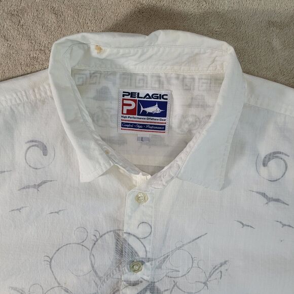 Pelagic High PerformanceFish Print Hawaiian‎ Fishing & Golf Shirt Sz Large FLAWS - Picture 5 of 12